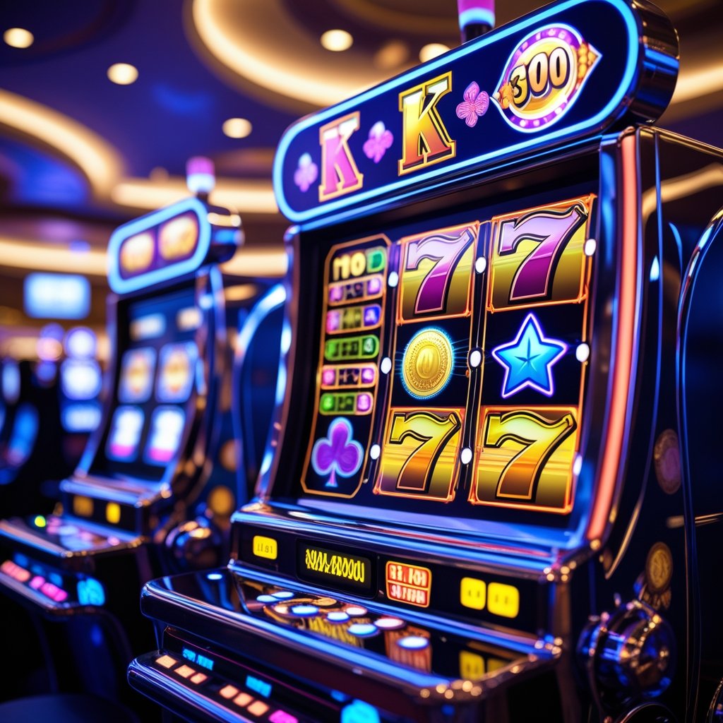 Mesin slot kasino modern dengan lampu warna-warni dan simbol keberuntungan di latar kasino yang mewah.
