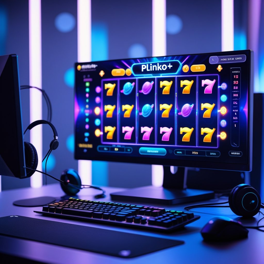 Sebuah meja dengan komputer yang menampilkan permainan slot online berwarna-warni, dilengkapi dengan aksesori gaming di sekitarnya.